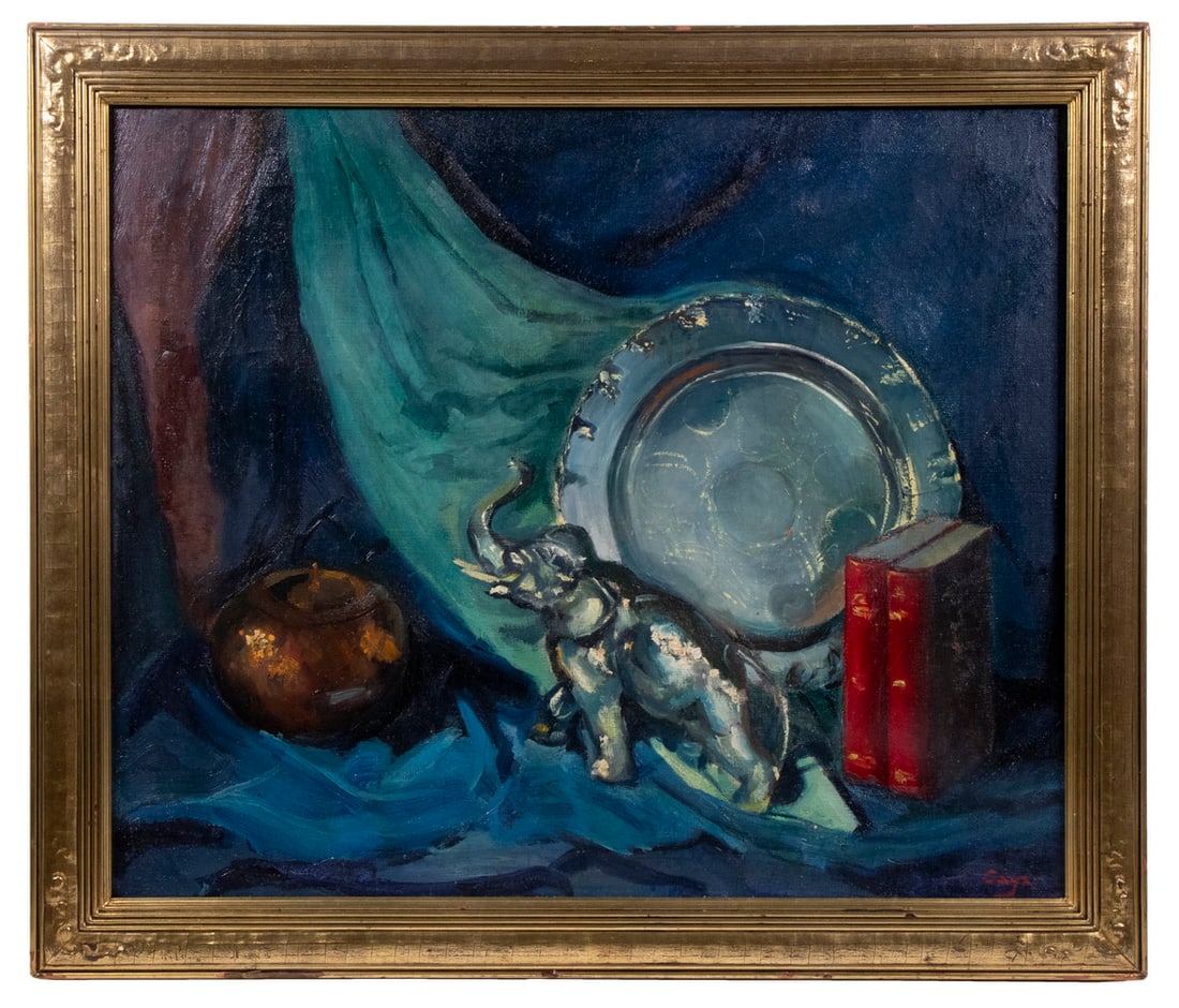 CIRCA 1920 AMERICAN STILL LIFE WITH ELEPHANT: CIRCA 1920 AMERICAN STILL LIFE WITH ELEPHANT Still Life with Elephant Figurine, silver charger, two red books and a copper kettle, in tented green and blue drapery, oil on canvas, illegibly signed
