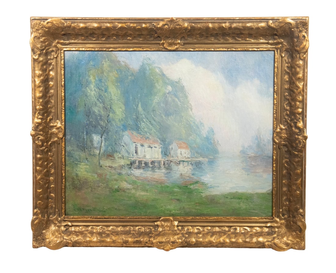 FRANK LOVEN (NJ, 1868-1951): FRANK LOVEN (NJ, 1868-1951) "Bathing Houses on the Lake," oil on canvas, signed lower left, titled and signed on back of canvas. In hand carved gilt matched corner frame. OS: 22 x 26 in. (55.9 x 66