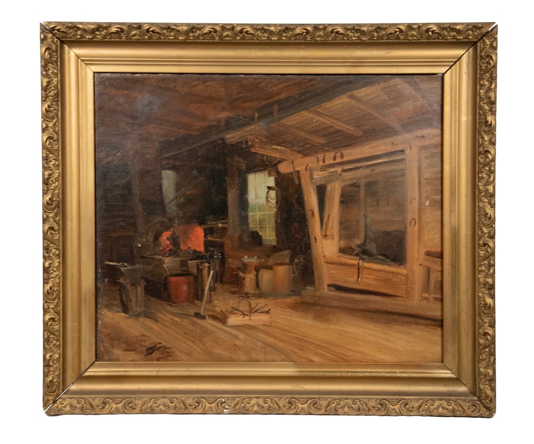 ATTRIBUTED TO SAMUEL JOHNSON (MA/ME, 1824-1906): ATTRIBUTED TO SAMUEL JOHNSON (MA/ME, 1824-1906) Interior of a Blacksmith's Shop, oil on canvas, unsigned. Housed in gold painted gesso cove frame. Old relining has pencil inscription of stencil that