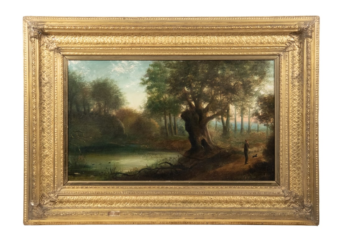 19TH C. NEW ENGLAND FOREST SCENE: 19TH C. NEW ENGLAND FOREST SCENE Hunter and Dog Passing Under an Ancient Pond Side Tree, oil on canvas, unsigned. In gold gesso deep cove frame. Cleaned and relied, minor frame loss. OS: 19 x 27 in.