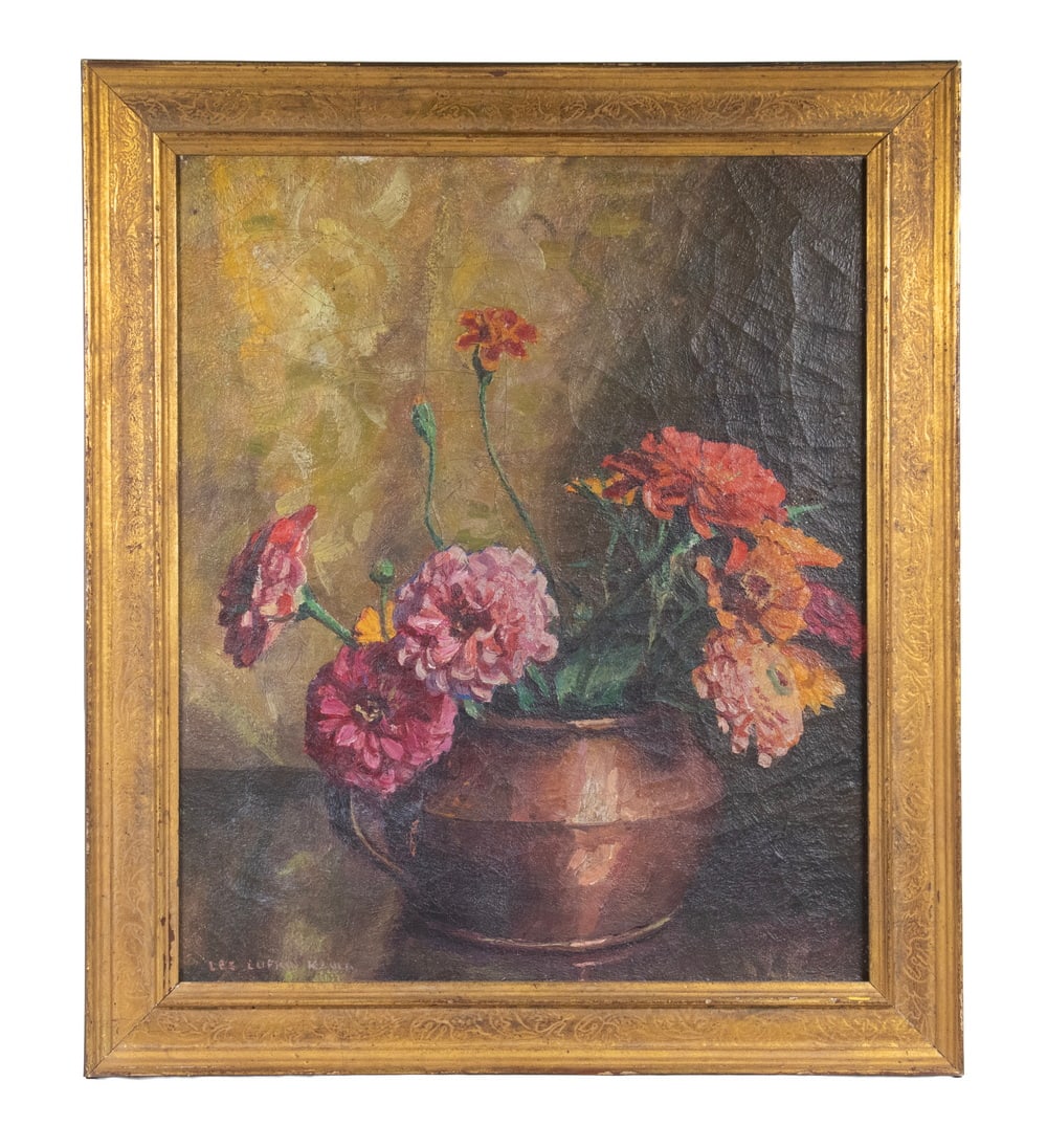 LEE LUFKIN KAULA (MA/NH, 1865-1957): LEE LUFKIN KAULA (MA/NH, 1865-1957) Zinnias in Copper Pot, oil on canvas, signed lower left, artist's stamp on stretcher. In gold molded panel frame. Overall craquelure. OS: 21 1/2 x 18 1/2 in. (54.6 