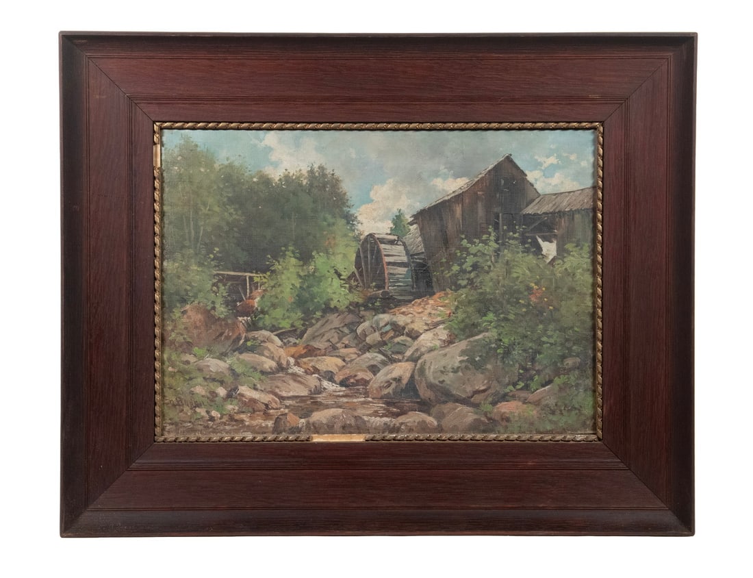 EDWARD BURRILL, JR. (MA, 1835-1913): EDWARD BURRILL, JR. (MA, 1835-1913) The Old Mill, oil on canvas, signed lower left, in shallow broad cove red walnut frame with gilt lip. Small puncture center left. OS: 22 1/2 x 28 in. (57.2 x 71.1