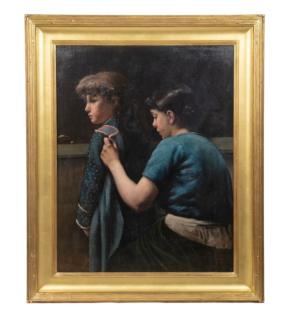 AMERICAN DOMESTIC GENRE SCENE, CIRCA 1880: AMERICAN DOMESTIC GENRE SCENE, CIRCA 1880 Rite of Passage, mother fitting apron to her young daughter, to begin the family labors, oil on canvas, unsigned, probably Boston school. In replica bright