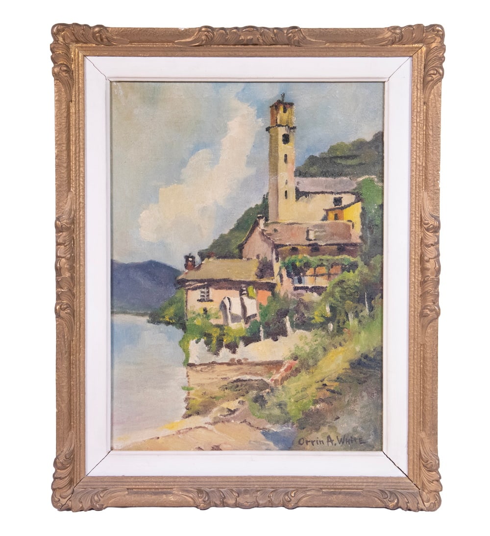 ORRIN AUGUSTINE WHITE (CA/IL, 1883-1969): ORRIN AUGUSTINE WHITE (CA/IL, 1883-1969) Mexican Village on Lake, oil on canvas, signed lower right. In hand carved gilt frame. OS: 19 1/2 x 15 1/2 in. (49.5 x 39.4 cm.), SS: 15 x 11 in. (38.1 x 27.9
