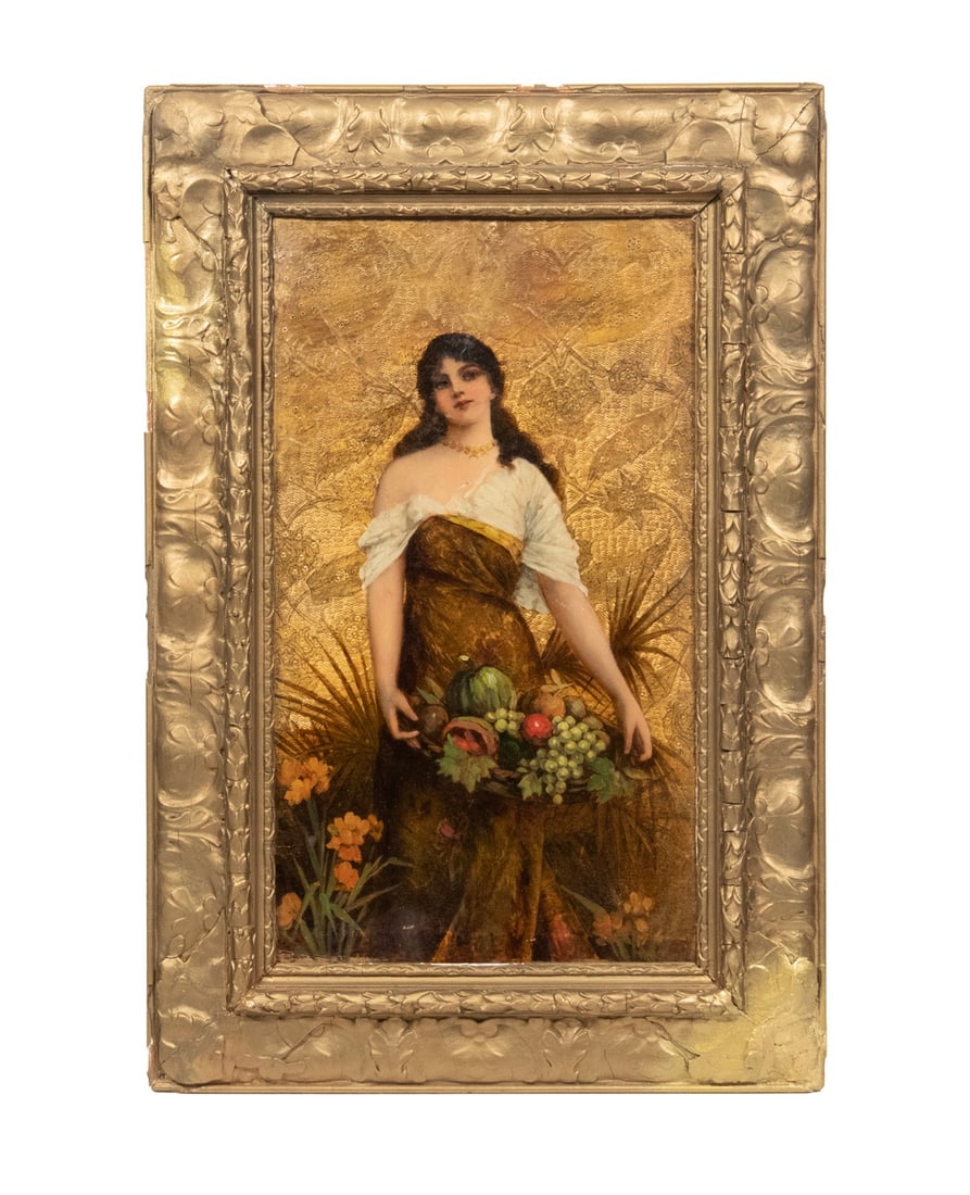 CONRAD KIESEL (NY/GERMANY: CONRAD KIESEL (NY/GERMANY, Young Woman with Abundant Fruits, oil on board having gilt embossed field, unsigned. In gold painted gesso frame. OS: 19 x 13 in. (48.3 x 33 cm.), SS: 14 x 8 in. (35.6 x
