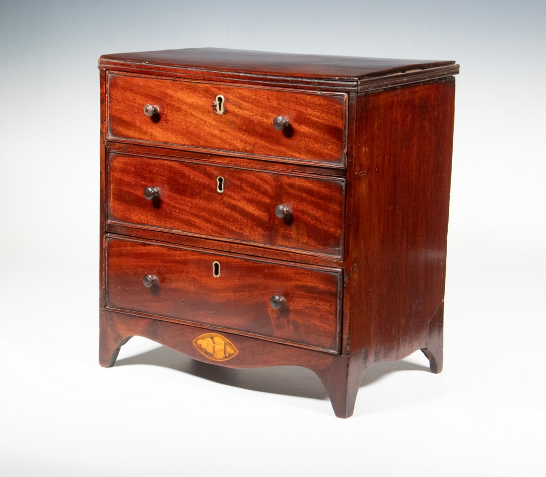 19TH C. INLAID MAHOGANY MINIATURE CHEST OF DRAWERS: 19TH C. INLAID MAHOGANY MINIATURE CHEST OF DRAWERS English Hepplewhite Style Miniature 3-Drawer Chest, with molded edge top, graduated beaded edge drawers with brass escutcheons and wooden pulls,