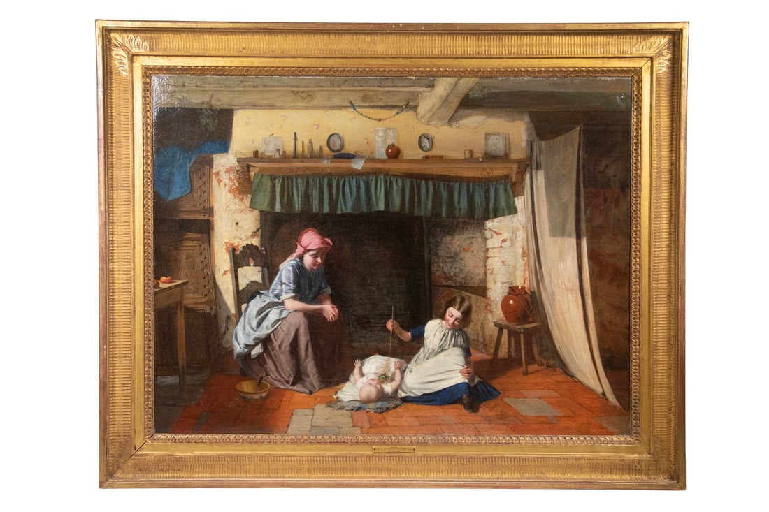 CHARLES SILLEM LIDDERDALE RBA, (UK, 1831-1895): CHARLES SILLEM LIDDERDALE RBA, (UK, 1831-1895) "Happy", oil on canvas, unsigned, titled on artist's frame tag, (exhibited RA 1859), depicting a young mother at the hearth with her adolescent daughter