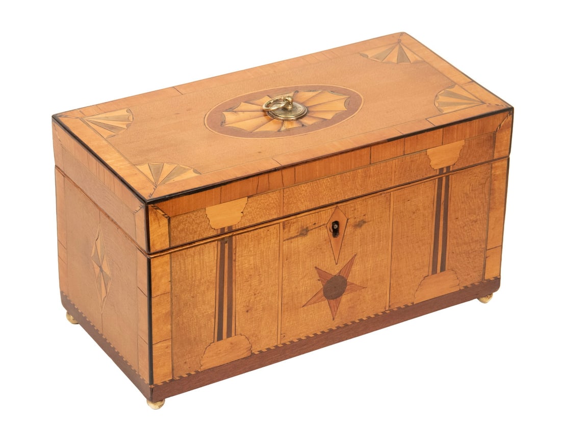 INLAID SATINWOOD TRIPLE COMPARTMENT TEA CADDY (1 of 3)