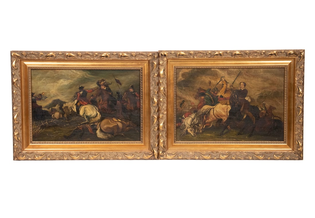 PAIR OF SMALL ENGLISH CIVIL WAR BATTLE SCENES: PAIR OF SMALL ENGLISH CIVIL WAR BATTLE SCENES Pair of 1640's Battles between the Cavaliers and Roundheads (Royalists under Charles I vs. Parliamentarians under Cromwell), oil on academy board,