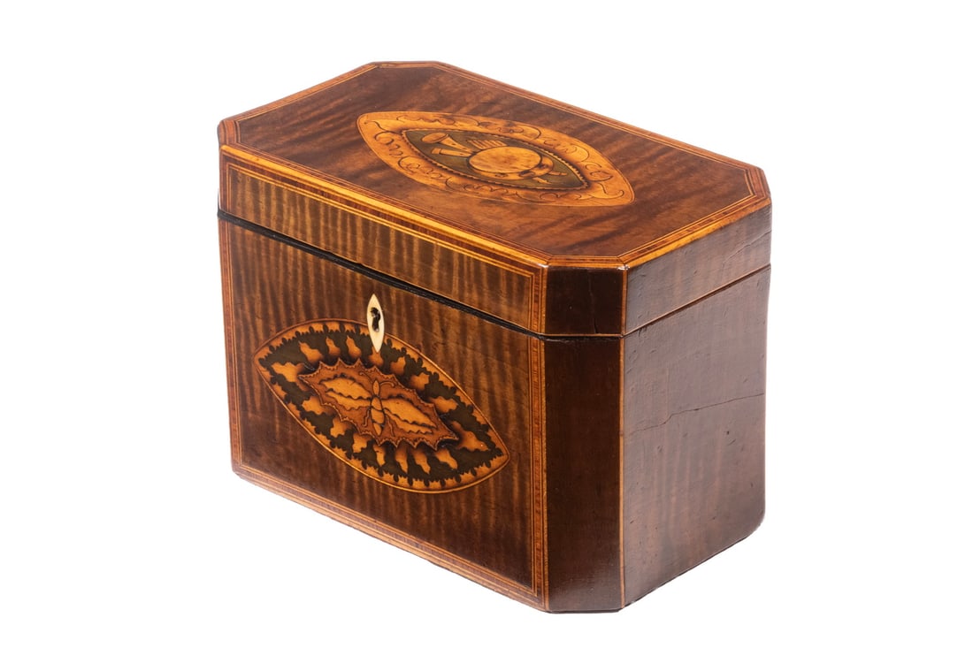 ENGLISH PATERA INLAID SATINWOOD TEA CADDY (1 of 3)