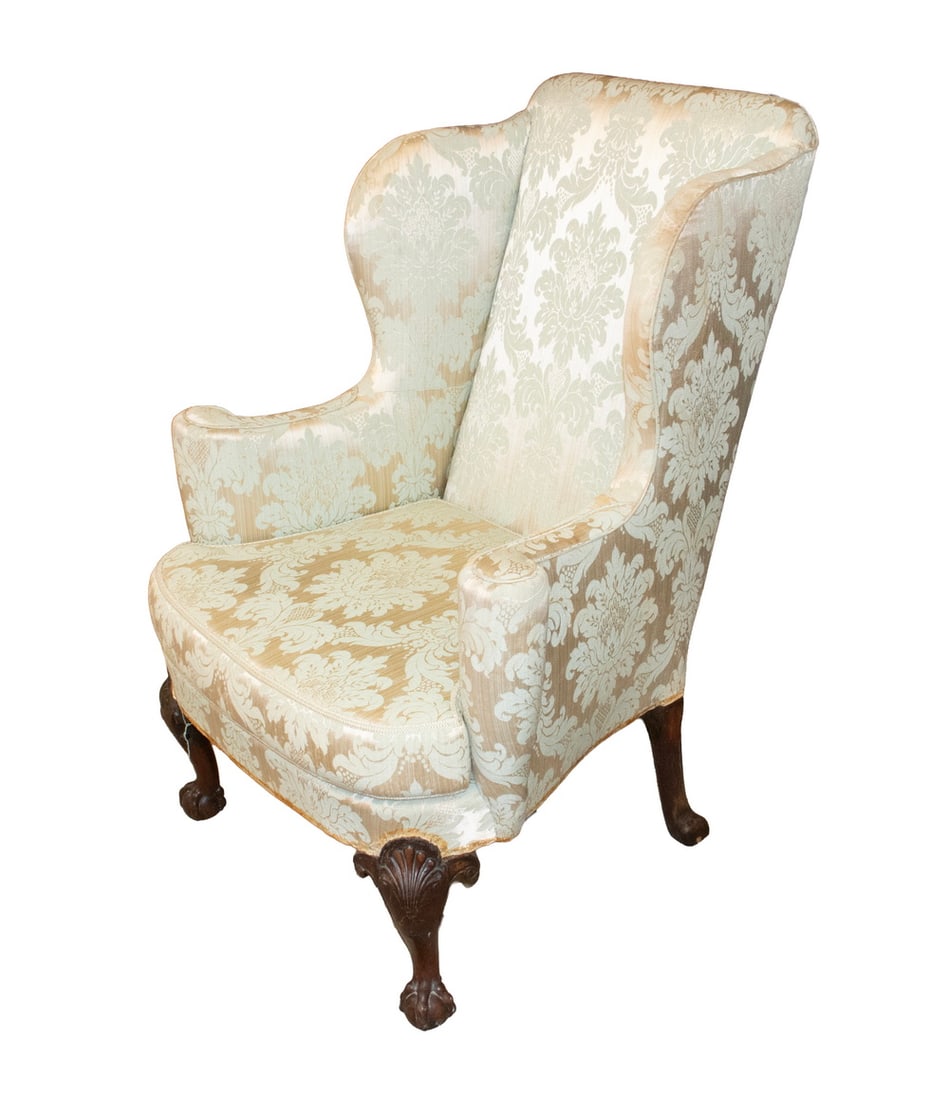 MID-18TH C. PERIOD GEORGE II ENGLISH WINGHAIR: MID-18TH C. PERIOD GEORGE II ENGLISH WINGHAIR Fully Upholstered Chair with flat top, shallow wings, set back rolled arms, currently in self corded silk brocade, loose foam seat cushion, all walnut
