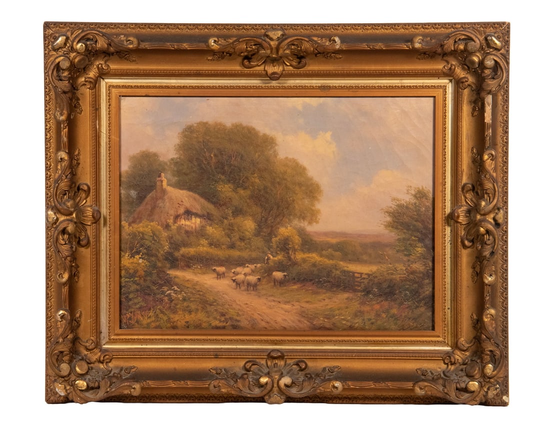 19TH C. ENGLISH RURAL VIEW WITH THATCHED COTTAGE: 19TH C. ENGLISH RURAL VIEW WITH THATCHED COTTAGE Pastoral Landscape with shepherd moving flock through dooryard gate onto the lane, oil on canvas, unsigned. In the original gilt carved matched corner