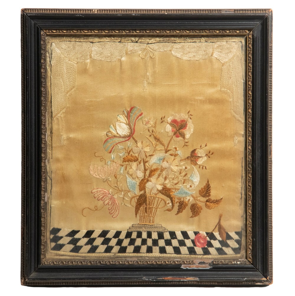 REGENCY SMALL SILKWORK, FRAMED: REGENCY SMALL SILKWORK, FRAMED Basket of Flowers, silk on silk, with black and white checkered floor, one fallen rose, surrounded by arched valence drapes. In original black and gold frame, under