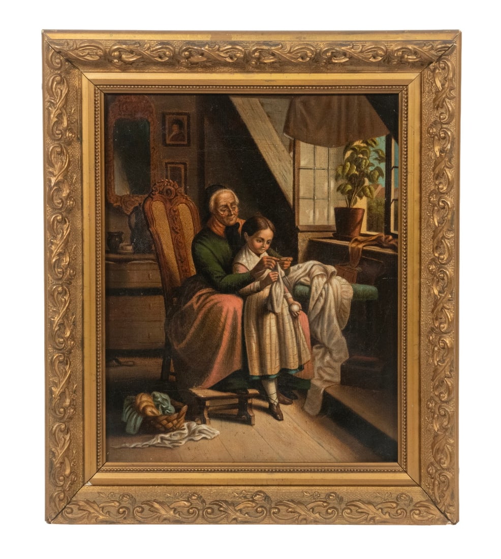 19TH C. ENGLISH DOMESTIC GENRE PAINTING: 19TH C. ENGLISH DOMESTIC GENRE PAINTING Sweet Scene of Grandmother Teaching Girl how to darn clothing, working in parlor in light of open window, oil on canvas, unsigned. In gold gesso frame. OS: 12