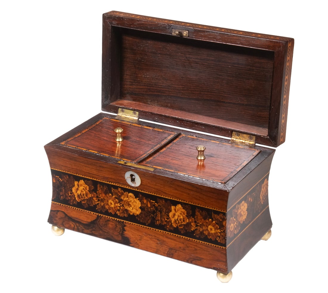 19TH C. TUNBRIDGEWARE TEA CADDY DEPICTING BATTLE ABBEY: 19TH C. TUNBRIDGEWARE TEA CADDY DEPICTING BATTLE ABBEY English Victorian Era Inlaid Tea Box, the lid decorated with a marquetry image of Battle Abbey, and with banded floral decoration surrounding