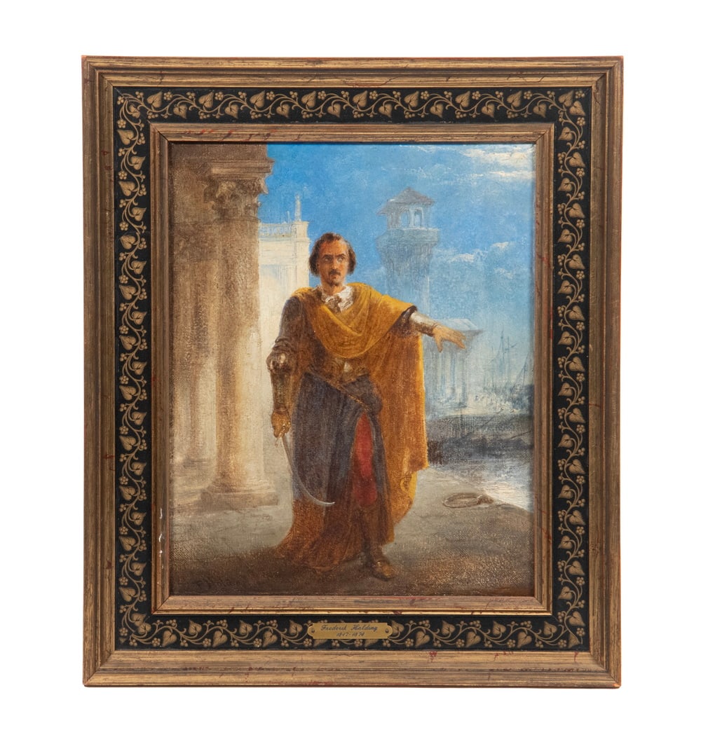 FREDERICK HOLDING (UK, 1817-1874): FREDERICK HOLDING (UK, 1817-1874) Edwin Booth as Iago in "Othello", 1864, depicting the actor on a set of Venice, gesturing while holding a scimitar. Oil on canvas, signed lower left. In a black and