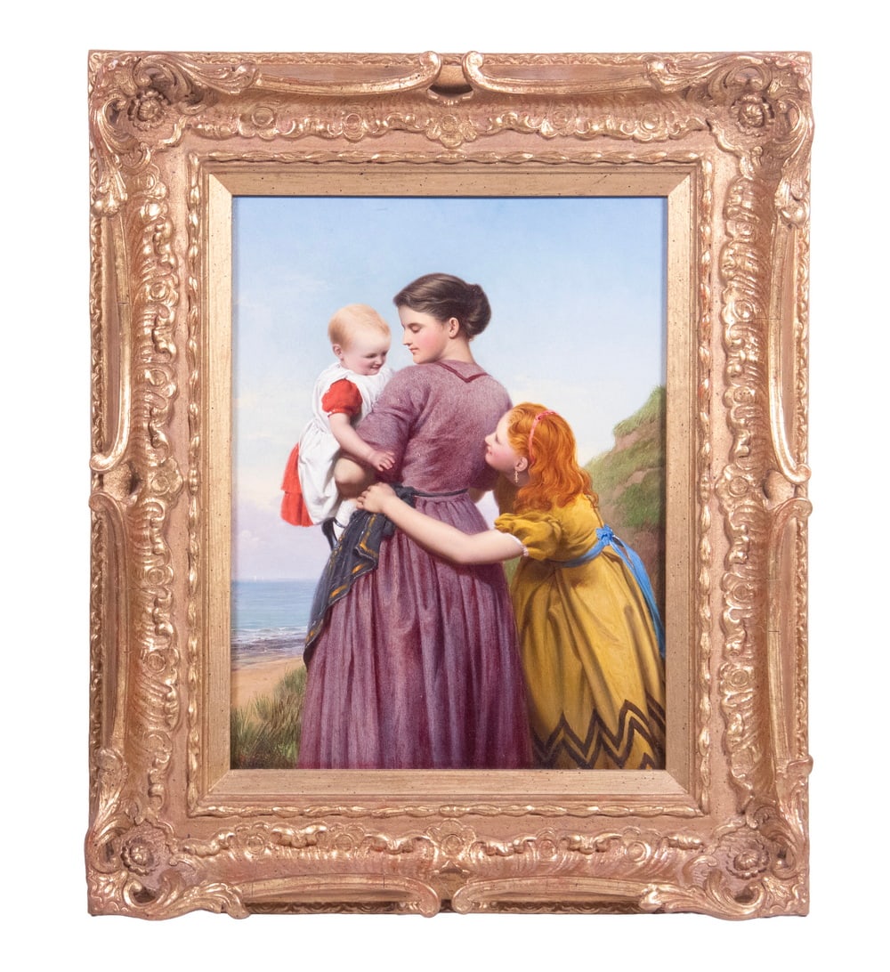 WILLIAM CROSBY (UK, 1830-1910): WILLIAM CROSBY (UK, 1830-1910) "Bo Peep", depicting a young mother with two daughters at ocean shore, perhaps awaiting return of husband. Oil on academy board, signed lower left and dated 1878, with