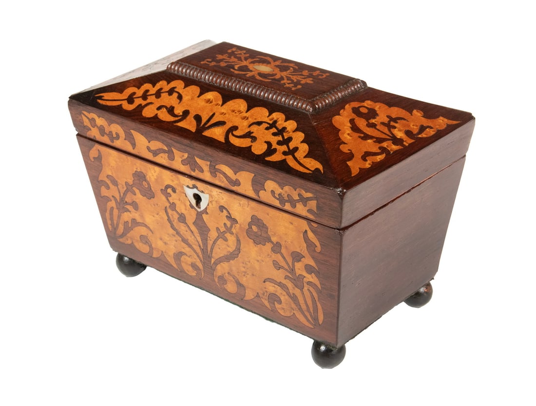 ROSEWOOD & SATINWOOD INLAID TEA CADDY (1 of 3)