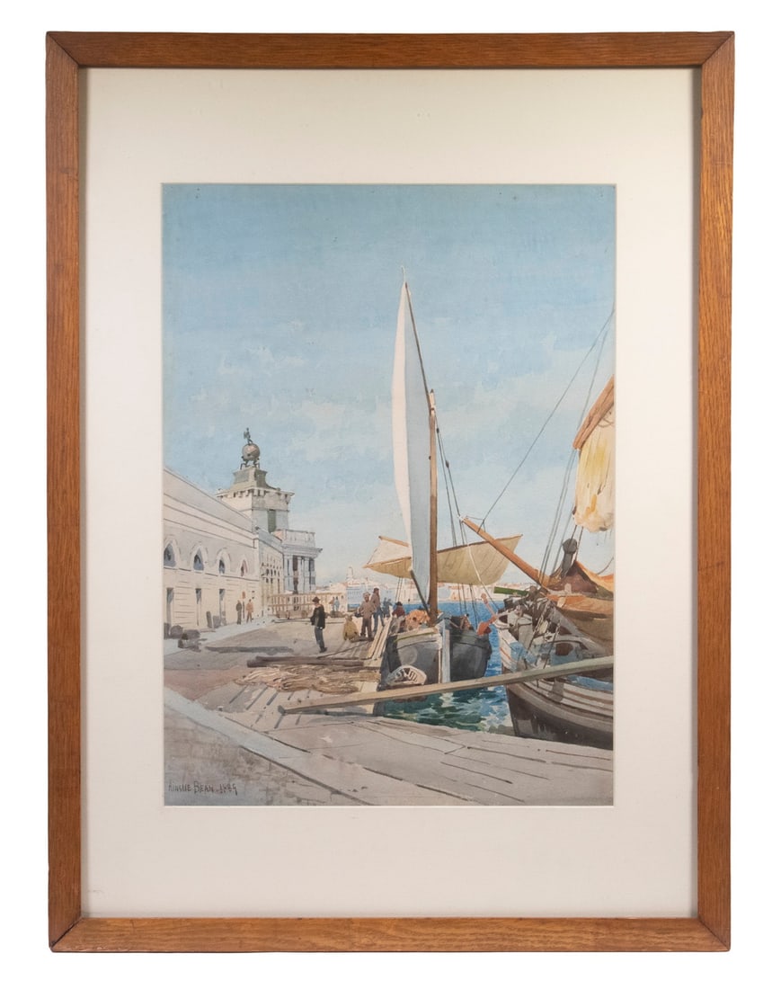 AINSLEE H. BEAN (UK, 1850-1890): AINSLEE H. BEAN (UK, 1850-1890) View of the Punta della Dogana, 17th c. Venice Customs House by Benoni, watercolor on paper, signed lower left and dated 1889, in golden oak box frame, matted under