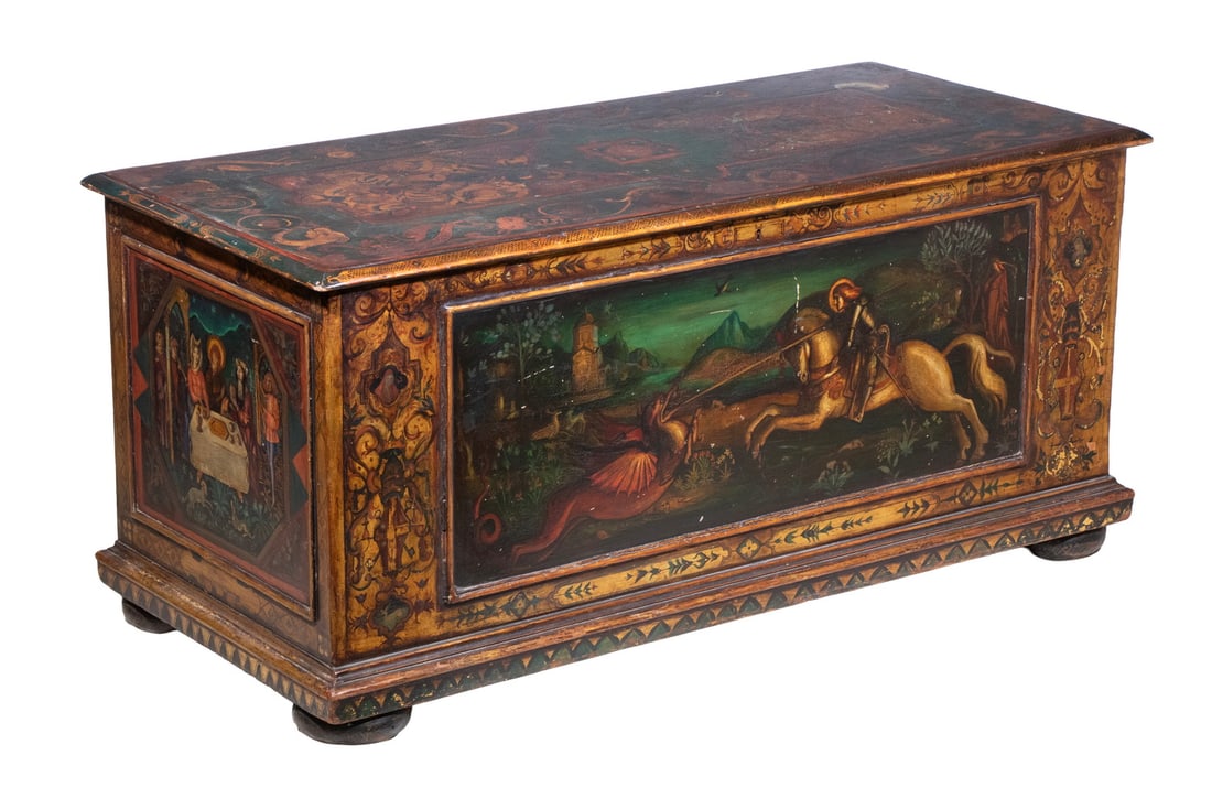 PAUL KIRTLAND MAYS (CA, 1887-1961), PAINTED STORAGE TRUNK: PAUL KIRTLAND MAYS (CA, 1887-1961), PAINTED STORAGE TRUNK Large 17th c. Style Lift Top Chest, with exterior painted decoration by illustrator and muralist Paul Mays depicting St. Michael with angels