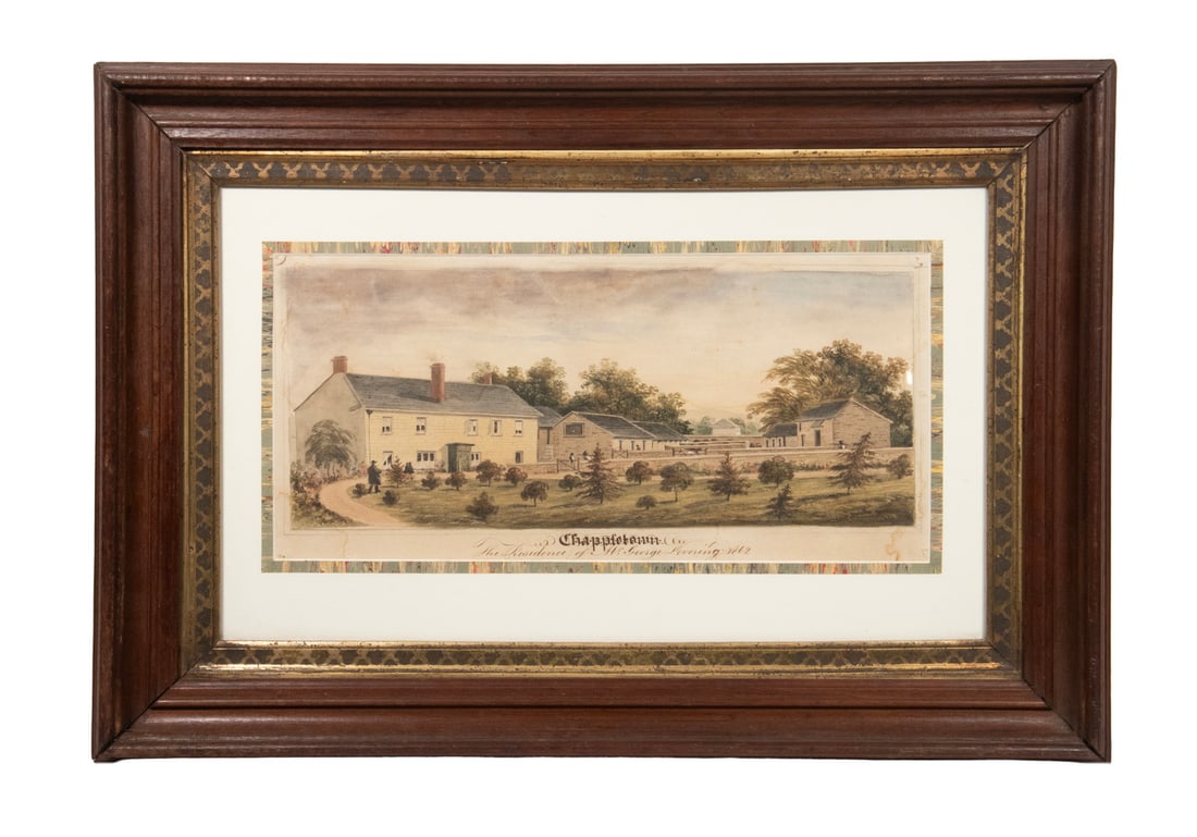 MID 19TH C. PORTRAIT OF A WORKING BRITISH FARM: MID 19TH C. PORTRAIT OF A WORKING BRITISH FARM "Chappletown, the Residence of Mr. George Lovering, 1862", watercolor on paper, unsigned, in red walnut molded cove frame, matted under glass, water