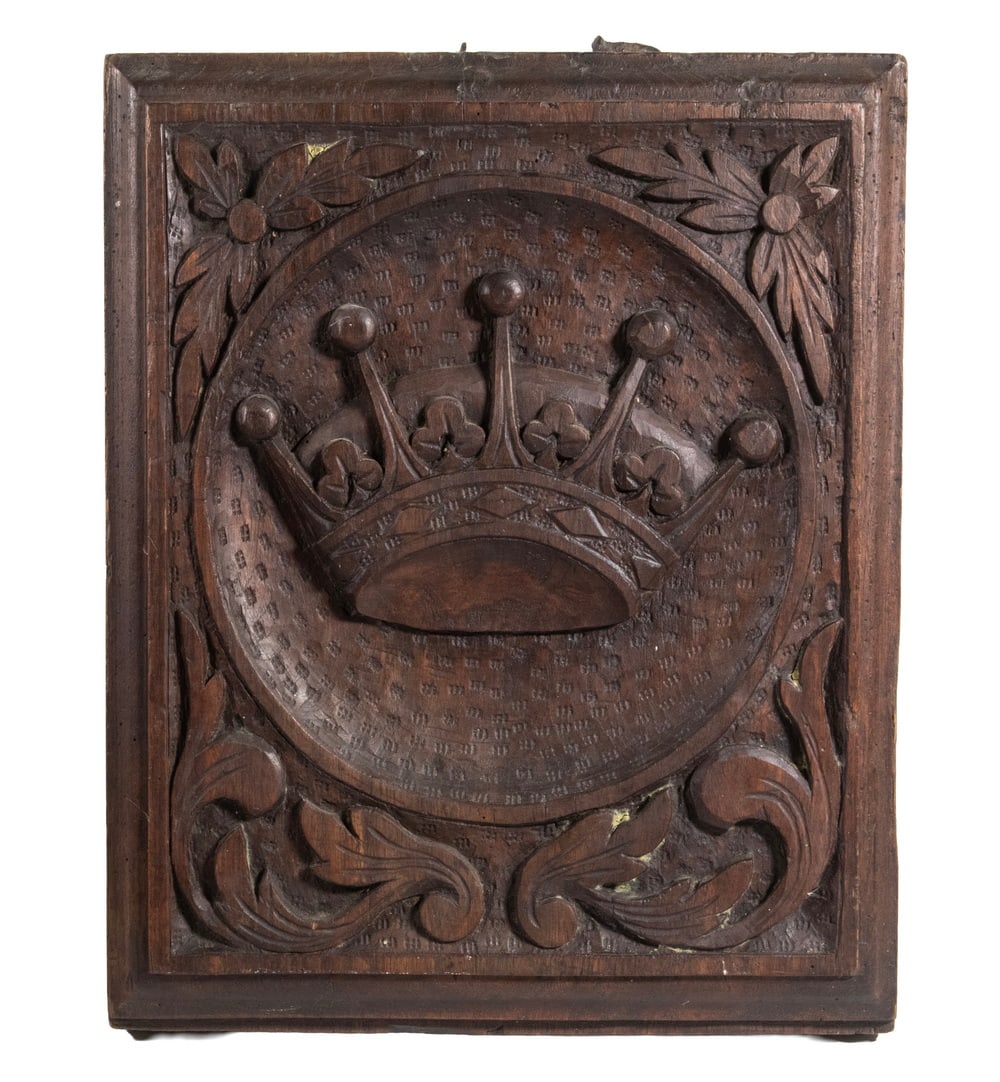 HEAVY FRENCH MANNERISM WALNUT CARVED PANEL WITH CROWN (1 of 2)