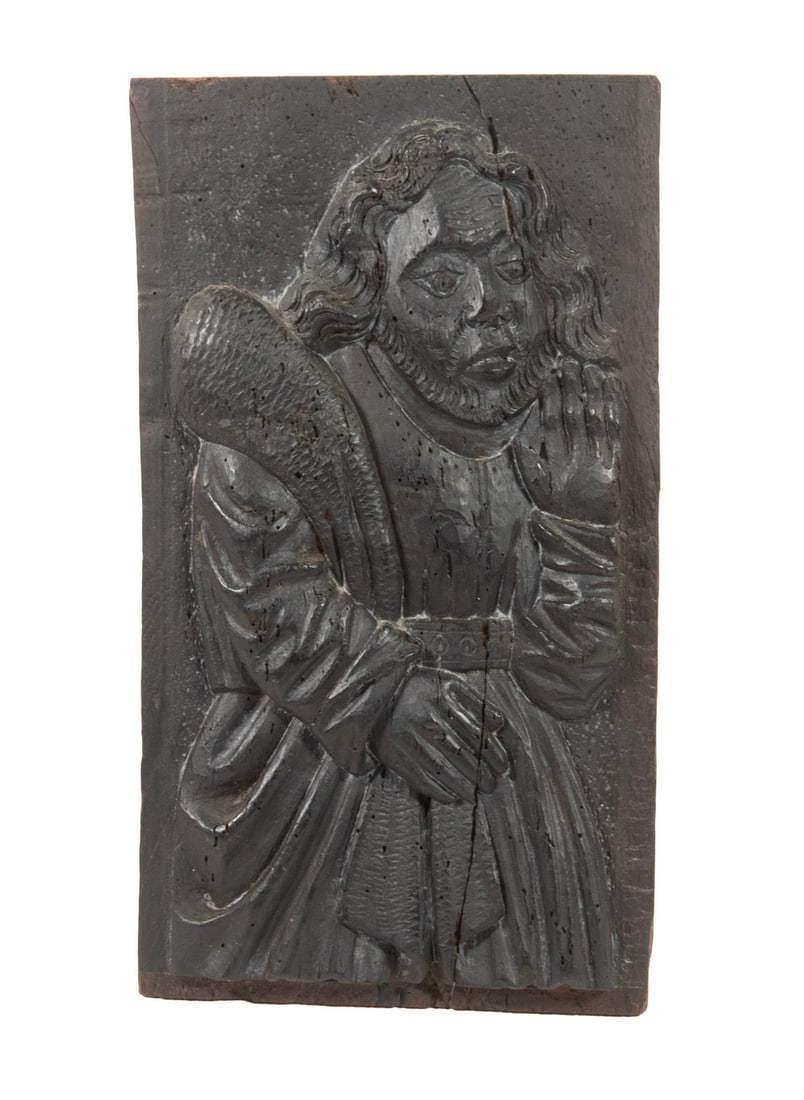 FRENCH GOTHIC CARVED OAK CHURCH PANEL OF ARISTOCRAT: FRENCH GOTHIC CARVED OAK CHURCH PANEL OF ARISTOCRAT 15th c. Relief Architectural Carved Panel of a Bearded Man with long hair, in belted fur trimmed coat, his left hand raised in greeting, on mitered