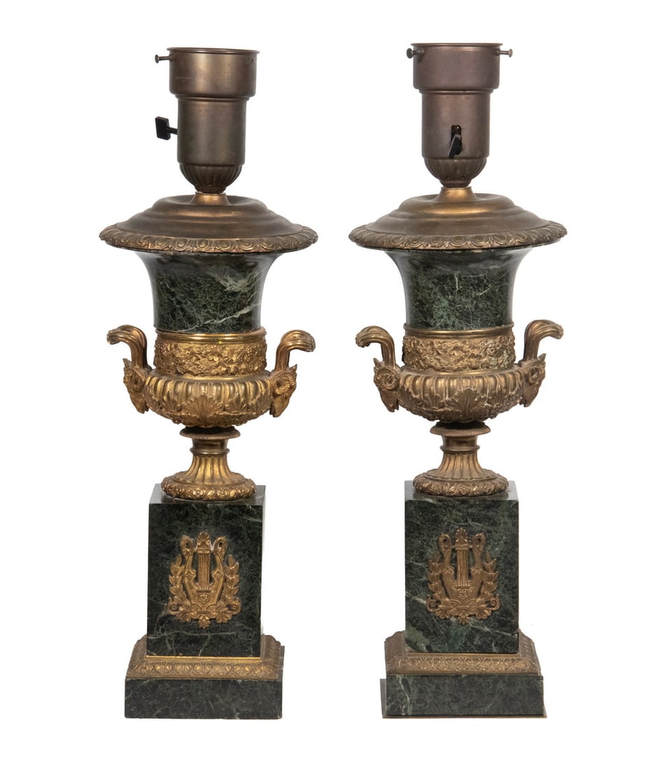 PAIR OF FRENCH GREEN MARBLE AND ORMOLU MOUNTED URNS AS LAMPS (1 of 2)