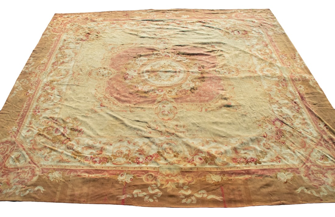 18TH C. FRENCH AUBUSSON PALACE SIZED CARPET 15'3" x 14'8": 18TH C. FRENCH AUBUSSON PALACE SIZED CARPET 15'3" x 14'8" Period Aubusson, having an overall Baroque floral and scroll design with central medallion, rendered in the Louis XVI popular palette of pink,