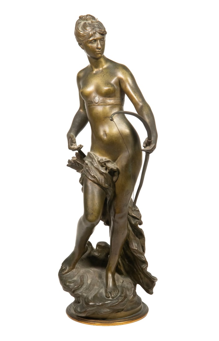 MATHURIN MOREAU (FRANCE, 1822-1912): MATHURIN MOREAU (FRANCE, 1822-1912) "Diana the Huntress", circa 1895, cast and patinated bronze, signed on integral base, marked "Hors Concourse." Bends to bow. Size: 17 1/2 x 6 x 10 in. (44.5 x 15.2 