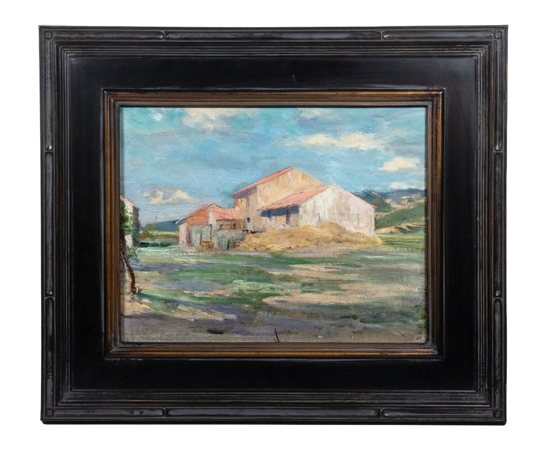 ATTRIBUTED TO LOUIS VALTAT (FRANCE, 1869-1952): ATTRIBUTED TO LOUIS VALTAT (FRANCE, 1869-1952) Provincial Farm Buildings, oil on canvas, unsigned, but stamped on stretcher with artist's name and number '21221' (possible estate inventory?) In replic