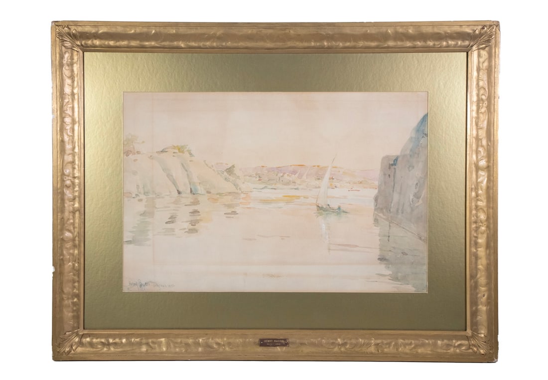 HENRY BACON (MA/FRANCE, 1839-1912): HENRY BACON (MA/FRANCE, 1839-1912) "Nile near Assouan, Egypt (Just after Sunrise)," watercolor on paper, signed lower left, dated 1906. In Arts & Crafts gold-painted frame with tag, with gold mat, und