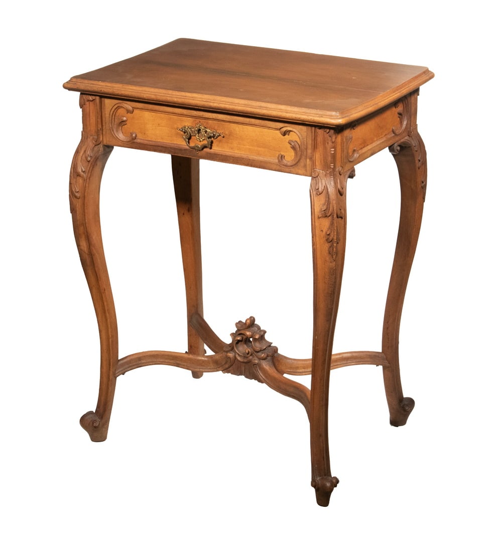 19TH C. FRENCH PROVINCIAL WALNUT WORK STAND: 19TH C. FRENCH PROVINCIAL WALNUT WORK STAND Louis XV Style Parlor Table, with molded edge top and carved frieze, single drawer with paneled front and a divided interior including a hinged panel pin cu