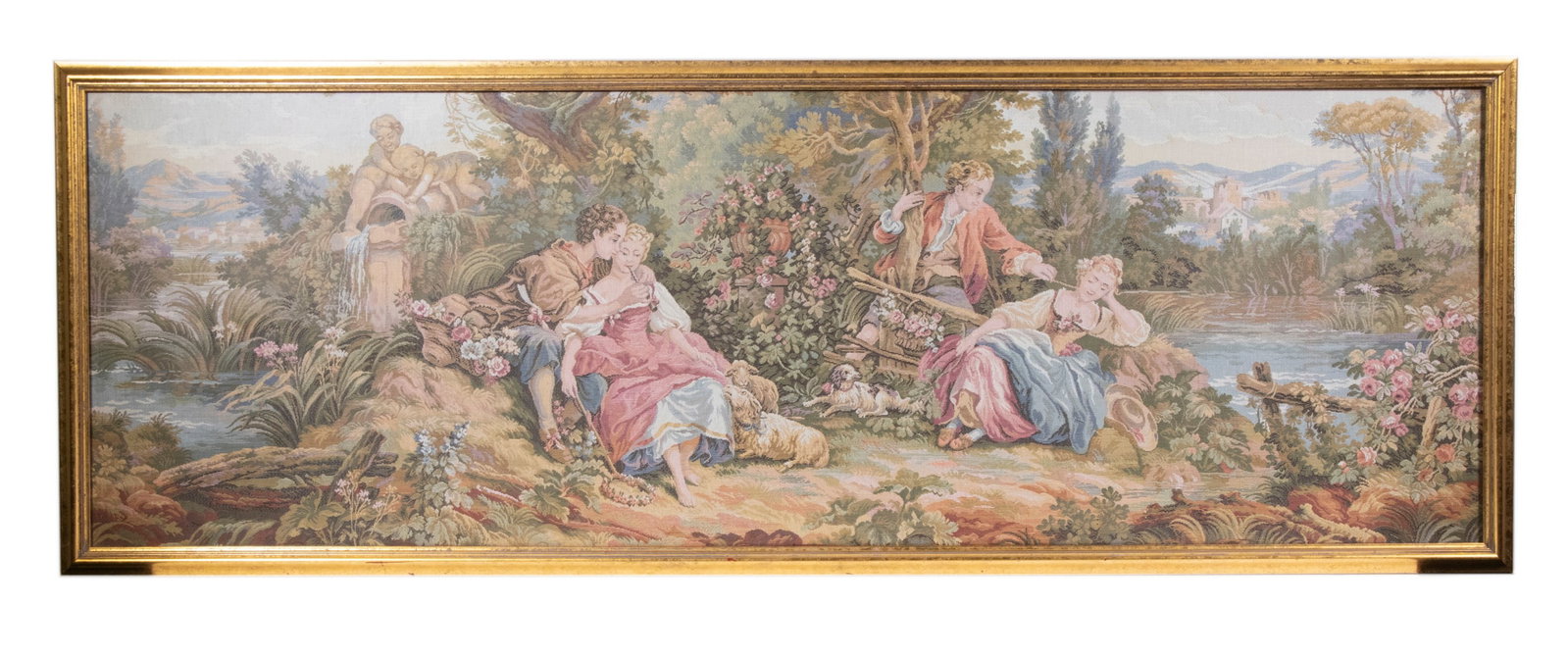 FRENCH AUBUSSON STYLE TAPESTRY WITH RUSTIC ROMANTIC SCENE (1 of 3)