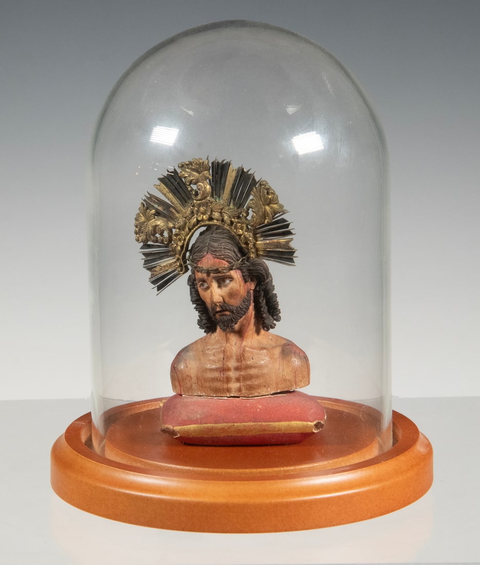 18TH C. ITALIAN MINIATURE BUST OF CHRIST IN MODERN GLASS DOME (1 of 3)