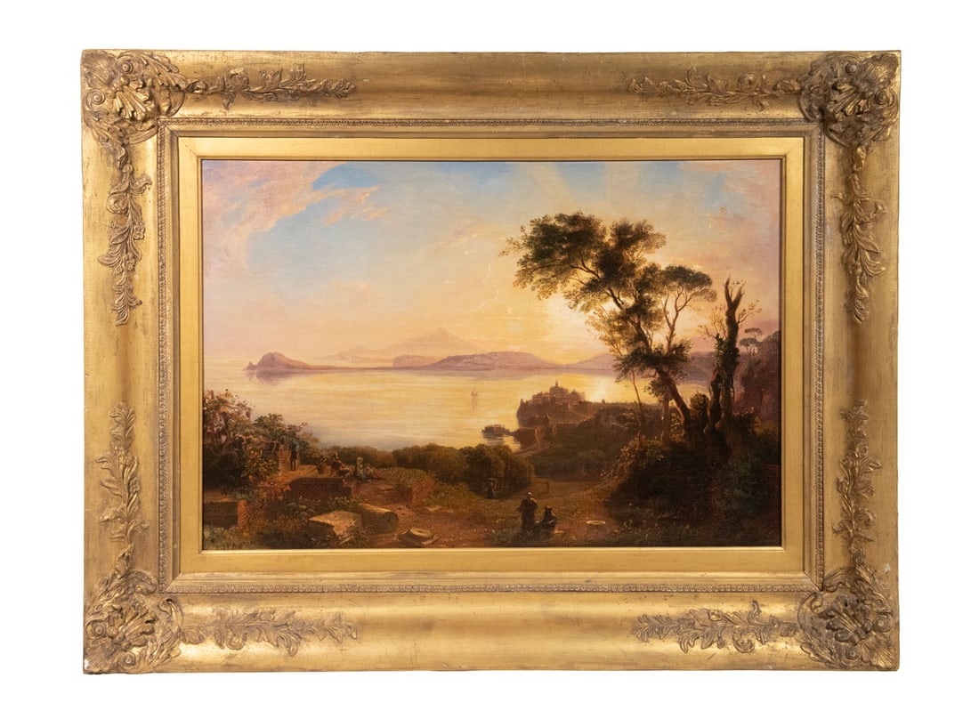THOMAS DESSOULAVY (UK/ITALY, ACTIVE 1839-1853): THOMAS DESSOULAVY (UK/ITALY, ACTIVE 1839-1853) "Pozzouli, dal Convento dei Camaldolesi", oil on canvas, signed lower left edge, in the original gilt matched corner deep cove frame. Cleaned and relined