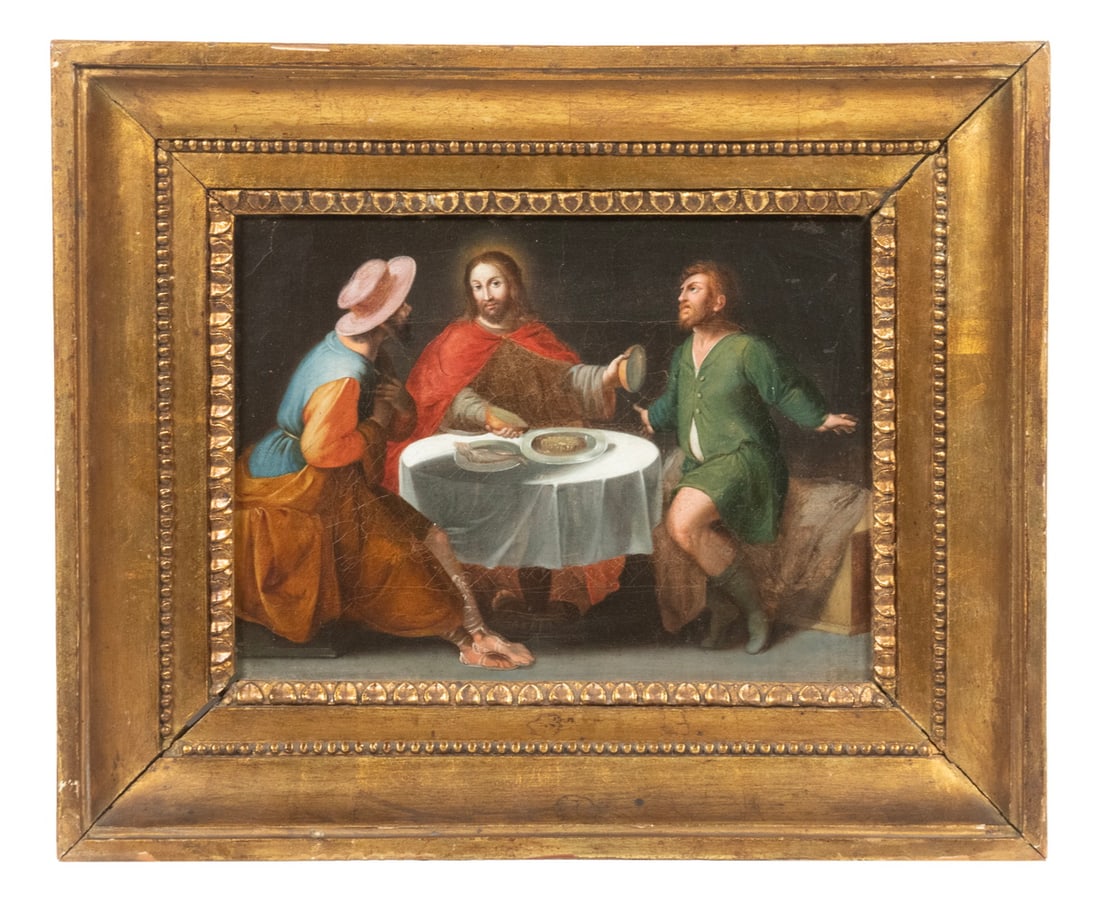 18TH C. ITALIAN ECCLESIASTICAL PAINTING: 18TH C. ITALIAN ECCLESIASTICAL PAINTING Christ Breaking Bread with a Husband and Wife, oil on canvas, unsigned. In vintage gold cove frame. Stretcher impression. Label verso from Bruun Rasmussen