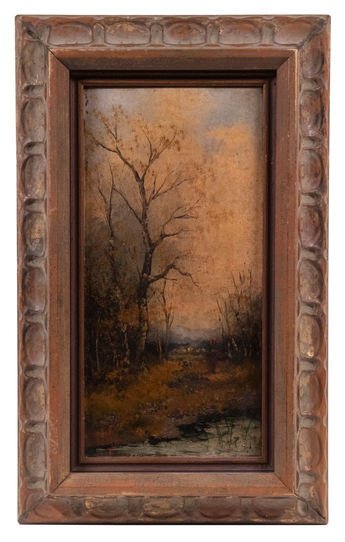 JOHANN FRIEDERICH VOIGT (GERMANY, 1792-1873): JOHANN FRIEDERICH VOIGT (GERMANY, 1792-1873) Woodland scene with pond and distant village, oil on panel, signed lower left. In later carved frame from the 70's. OS: 16 1/2 x 10 in. (41.9 x 25.4 cm.),