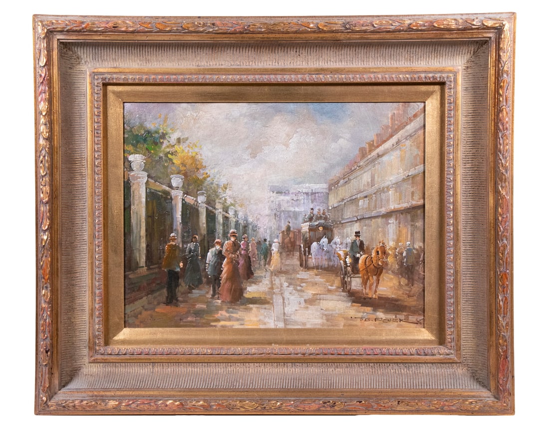 PARIS STREET SCENE, MODERN, SIGNED T.B. PENEK: PARIS STREET SCENE, MODERN, SIGNED T.B. PENEK Busy Avenue with Garden on Left, oil on canvas, signed lower right. In replica gilt cove frame. OS: 19 1/2 x 23 1/2 in. (49.5 x 59.7 cm.), SS: 14 1/2 x 15