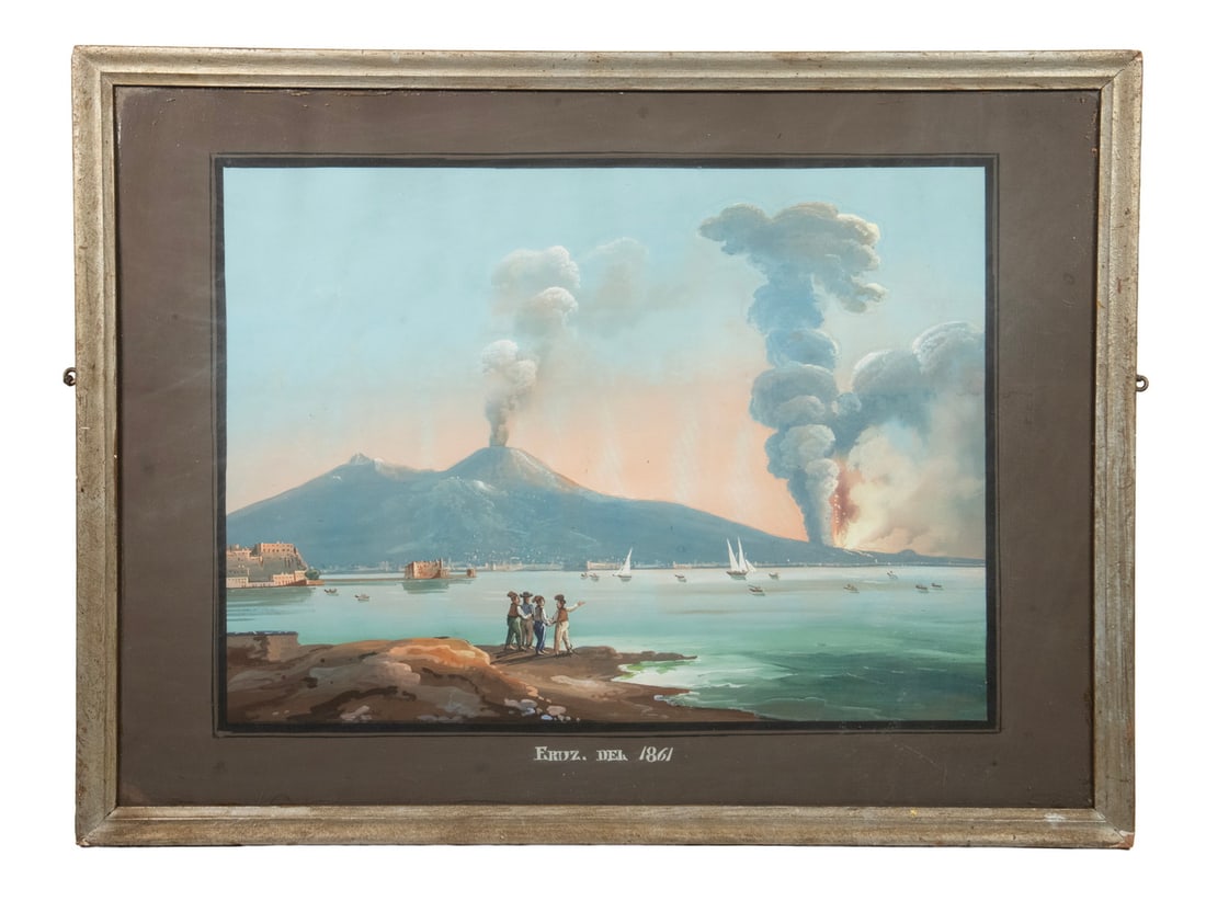 NEOPOLITAN PAINTING OF MOUNT VESUVIUS: NEOPOLITAN PAINTING OF MOUNT VESUVIUS Four Fishermen on Shore are alarmed by eruptions of the historically volatile mountain Dec 8-31, 1861. Gouache on paper, unsigned, in fatigued gold molded frame,