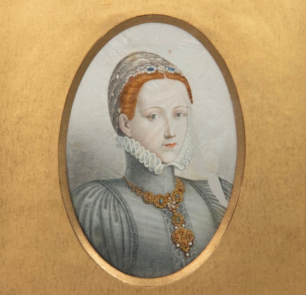 X-RARE COBWEB / GOSSAMER PAINTING OF 16TH C. AUSTRIAN ROYALTY: X-RARE COBWEB / GOSSAMER PAINTING OF 16TH C. AUSTRIAN ROYALTY Oval Bust Portrait of Philippine Welser, wife of Archduke Ferdinand II of Tyrol, Austria (1521-1595), gouache on an ultrathin canvas made 