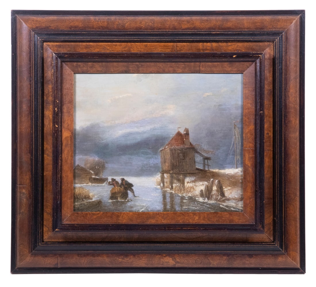 ANDREAS SCHELFHOUT (NETHERLANDS, 1787-1870): ANDREAS SCHELFHOUT (NETHERLANDS, 1787-1870) Skating up the Canal past a Shanty, oil on mitered mahogany panel, signed lower left, artist identified on label verso. In figured walnut tiered and molded