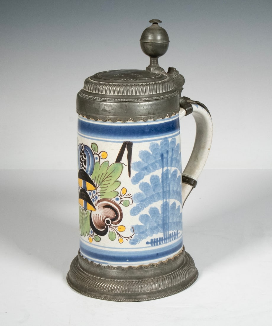 18TH C. GERMAN PEWTER MOUNTED FAIENCE TANKARD (1 of 1)