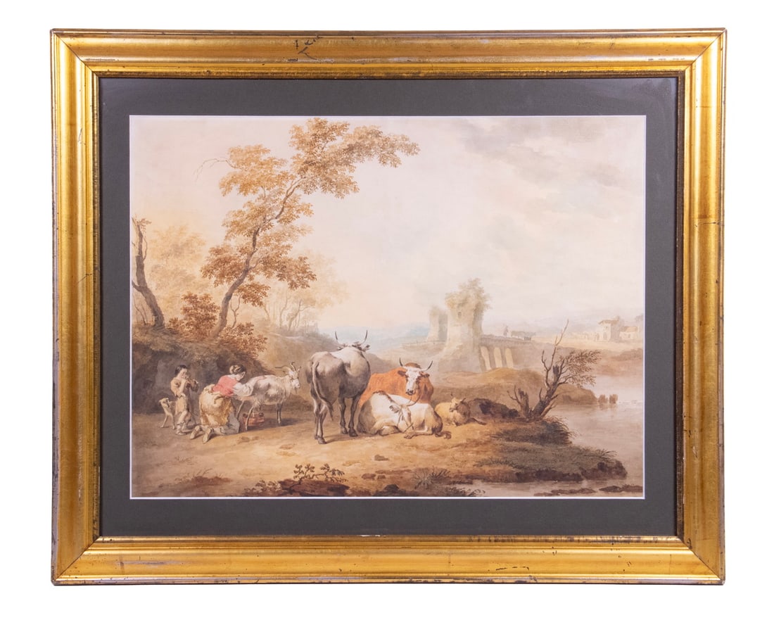 KAREL DUJARDIN (NETH/ITALY, 1622-1678): KAREL DUJARDIN (NETH/ITALY, 1622-1678) Pastoral Scene with Livestock, Italianate River Ruins, watercolor and gouache on laid paper, unsigned, artist named verso. In gilt molded frame, matted under