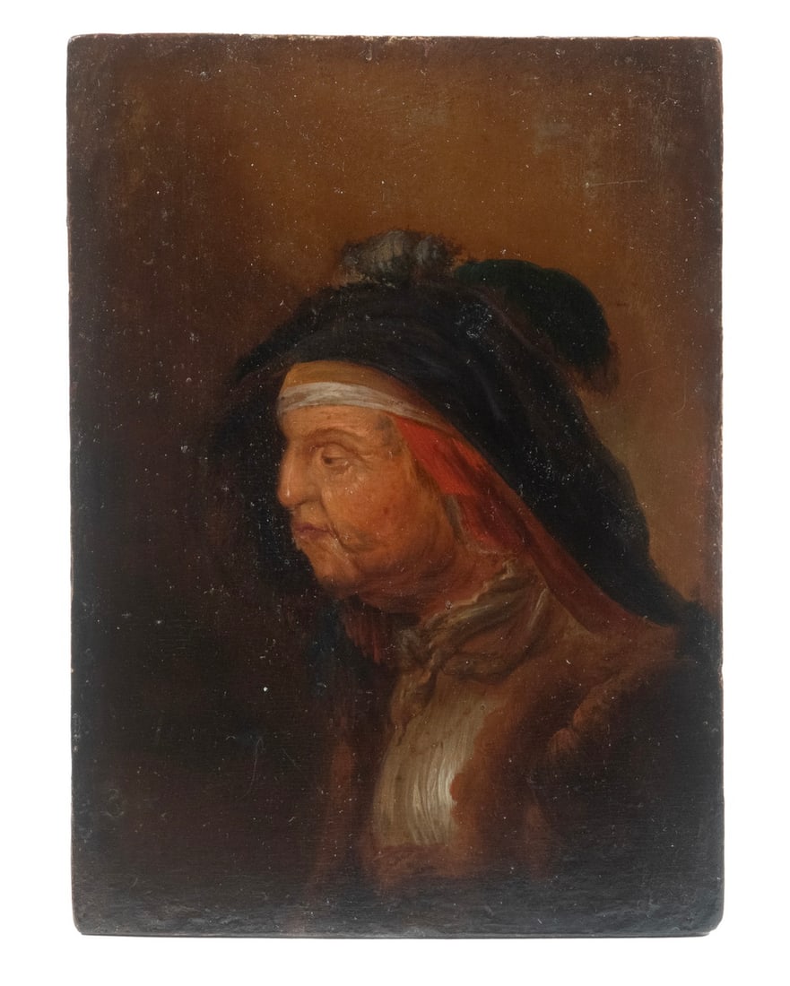 17TH C. MINIATURE DUTCH PORTRAIT PAINTING: 17TH C. MINIATURE DUTCH PORTRAIT PAINTING Portrait of an Elderly Woman in black traveler's mantle, with fur lined coat, pleated front white bodice, oil on beveled oak panel, unsigned, unframed. Remnan
