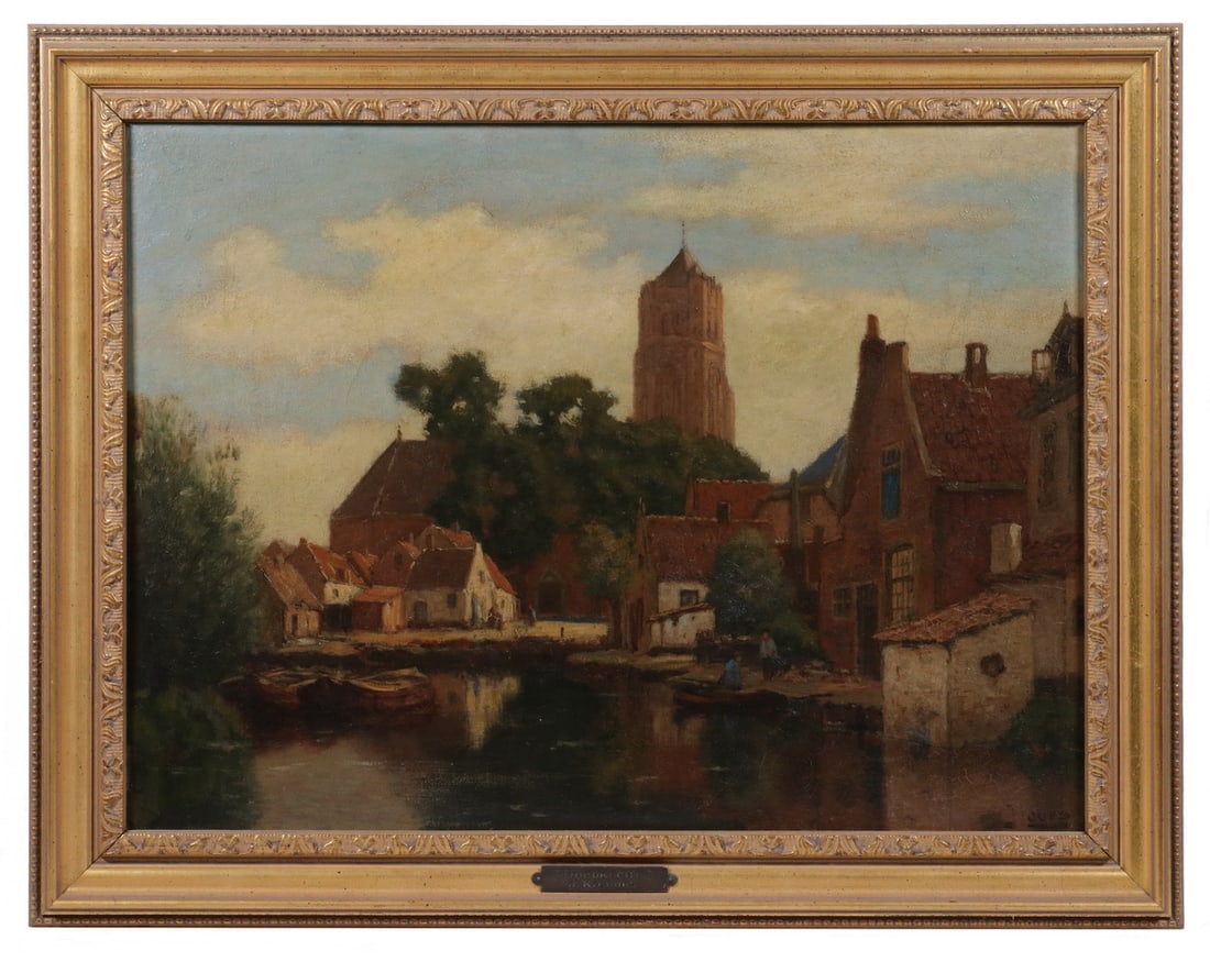 JOHANNES KAREL LEURS (NETHERLANDS, 1865-1938): JOHANNES KAREL LEURS (NETHERLANDS, 1865-1938) "Dordrecht," oil on canvas, signed lower right, brass tag on frame with title and artist's name, depicting a view in the Dutch canal town, label verso fro