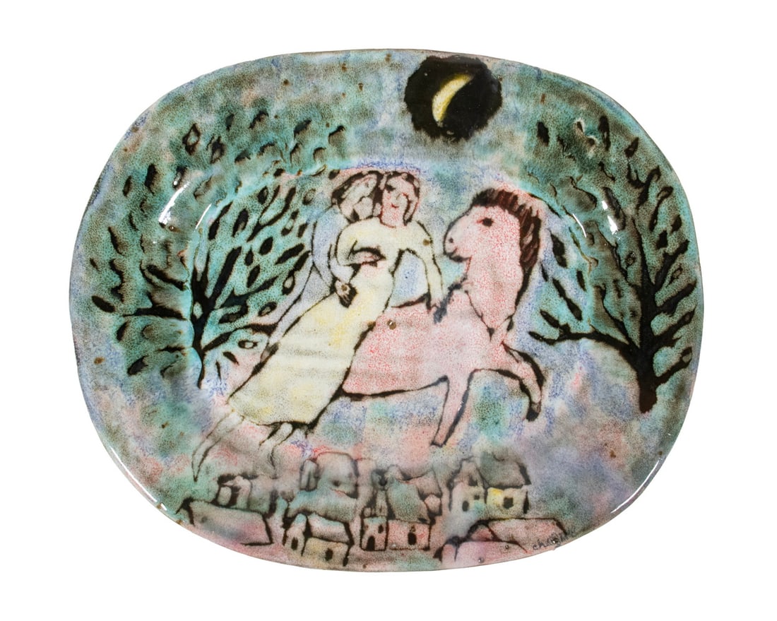 MARC CHAGALL (NY/RUSSIA, 1887-1985): MARC CHAGALL (NY/RUSSIA, 1887-1985) Lovers with Pink Horse, oval ceramic dish, hand painted glaze by Chagall, signed lower right edge, also signed and dated 1951 on back, in the artist's hand,