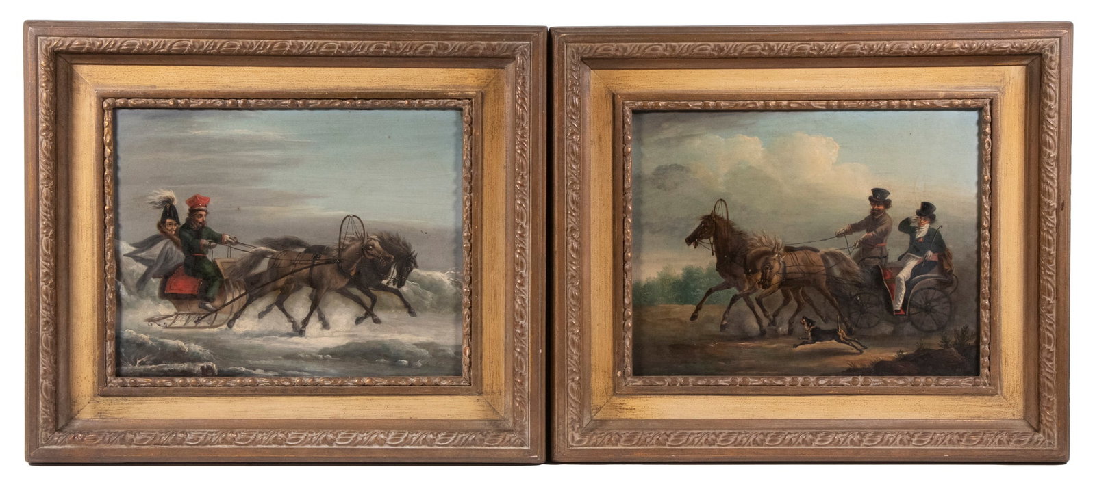 PAIR OF 19TH C. RUSSIAN SUMMER-WINTER TRAVELER SCENES: PAIR OF 19TH C. RUSSIAN SUMMER-WINTER TRAVELER SCENES Gentleman with Driver in a Summer Calash Carriage and a Winter Troika Sled, oil on tin, unsigned. Each depicted with teams of two horses, the