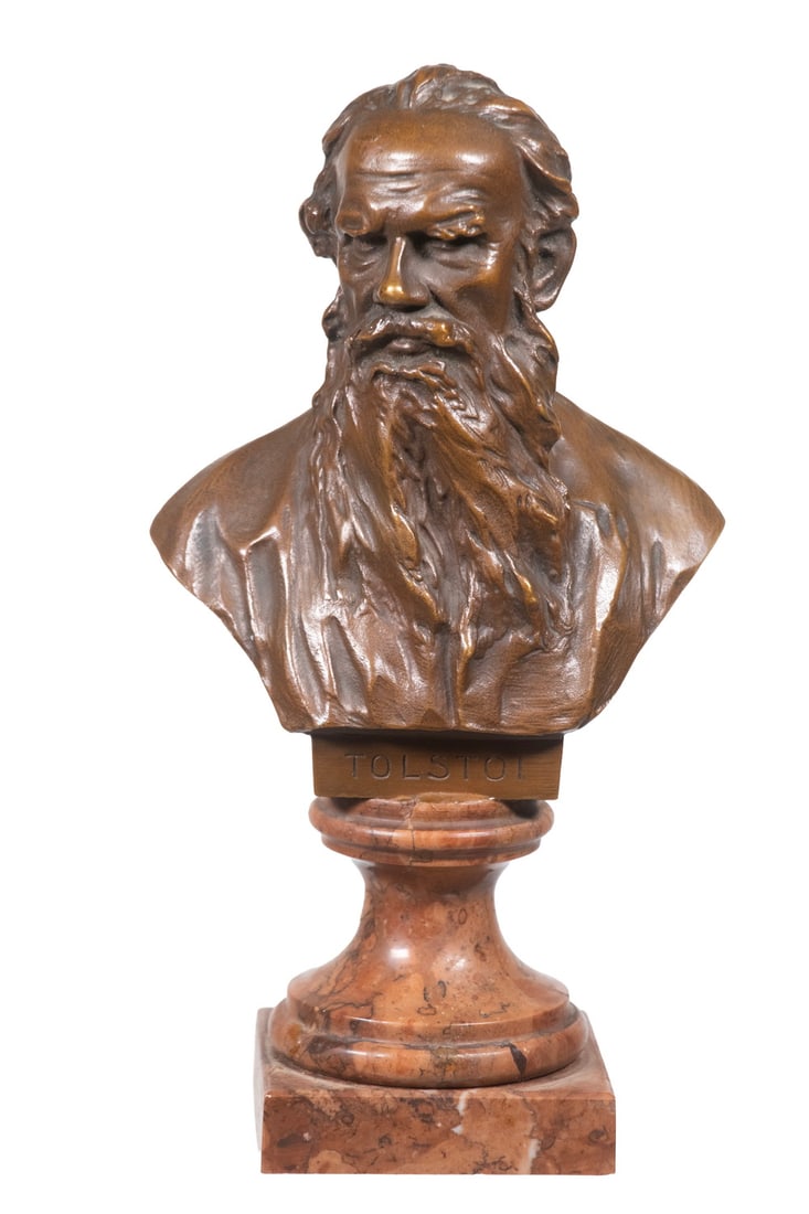 19TH C. BRONZE BUST OF TOLSTOI: 19TH C. BRONZE BUST OF TOLSTOI Bust of Russian Author Leo Tolstoi (1828-1910), author of epic novels War and Peace (1869) and Anna Karenina (1877). Cast and patinated solid bronze on red marble