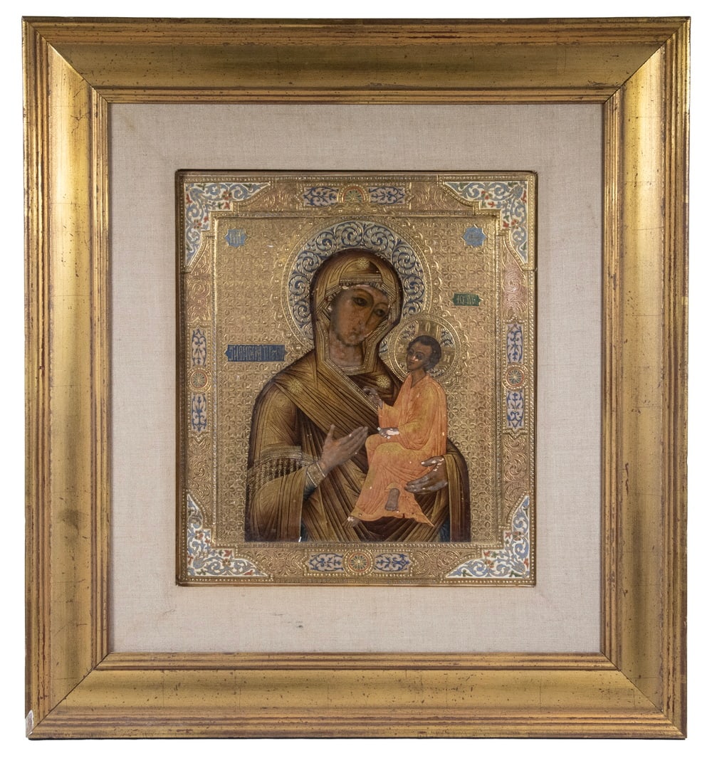 19TH C. RUSSIAN ICON MOTHER OF GOD: 19TH C. RUSSIAN ICON MOTHER OF GOD From the original "Theotokos Tikhvin", one of the most important, ancient, and holy icons in the Russian North. A tradition holds that it appeared miraculously in